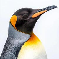 regal king penguin showcases its striking yellow neck feathers while standing proudly in isolation, capturing the essence of this unique bird species. photo