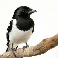 magpie stands tall on a branch, its glossy black and white feathers shining elegantly in the light, embodying the beauty of nature with its serene presence. photo