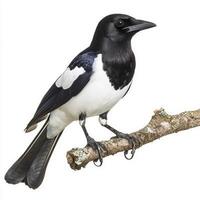 elegant magpie rests on a branch, displaying its vibrant black and white plumage. The bird stands out beautifully against the bright backdrop, exuding grace and charm. photo