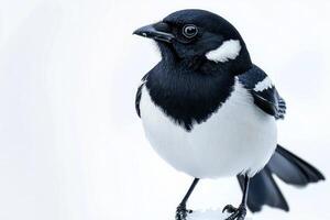 magpie robin stands proudly on a smooth surface, displaying its beautiful black and white plumage, creating a captivating contrast with the white background. photo