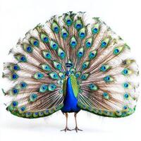 magnificent peacock displays its spectacular tail feathers in full fan, revealing vibrant blues and greens that mesmerize all who behold it in this isolated setting. photo