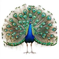 magnificent peacock proudly displays its colorful tail feathers, creating a mesmerizing fan of iridescent hues that capture the eye with elegance and charm. photo