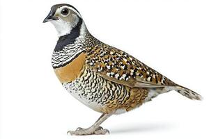 northern bobwhite quail, with its intricate spotted feathers, stands elegantly on the ground. The vibrant colors and unique markings make it a striking subject against the white backdrop. photo
