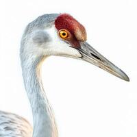 majestic sandhill crane stands proudly, its long neck stretching elegantly as it reveals the vibrant red atop its head, all against a pristine white background. photo