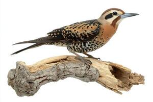 Admire the elegance of a northern flicker standing confidently on a branch, its rich brown and black-spotted feathers prominently displayed in a timeless pose. photo