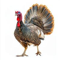 turkey strides gracefully, showcasing its vivid wattle and fan-like tail feathers, creating a striking contrast against the bright white backdrop. photo