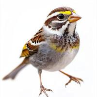 majestic white-throated sparrow sits calmly against a pure white background, displaying its colorful plumage and charming demeanor, embodying nature's beauty. photo