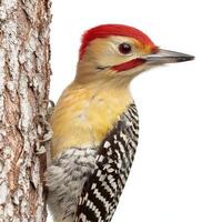 Perched gracefully on a rough tree trunk, the woodpecker displays its vivid red head and sharp beak, blending beauty and strength in nature's design. photo