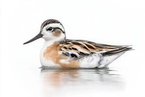 vibrant red phalarope glides effortlessly on still water, its rounded body reflecting the soft hues of twilight, isolated against a gentle white background. photo