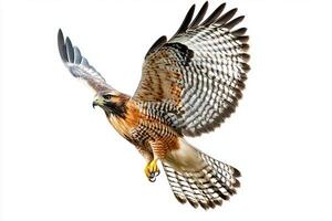stunning red-shouldered hawk glides effortlessly in the air, showcasing its vibrant plumage and impressive wingspan in a striking display of aerial prowess. photo
