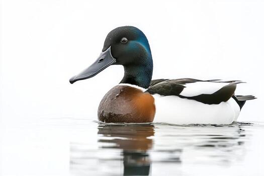 sorprendentes paleador Pato sin esfuerzo flotadores en el tranquilo agua, sus largo en forma de cuchara pico esmeradamente listo. el de pato vibrante plumas estar fuera en contra un sereno, blanco fondo. foto