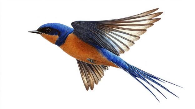 barn swallow glides effortlessly through the air, its vibrant blue and orange plumage catching the light. Its distinctive forked tail and pointed wings highlight its agile flight. photo