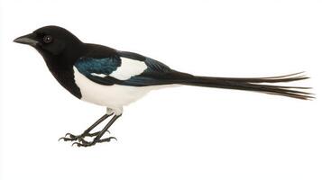 black-billed magpie stands proudly, showcasing its eye-catching black-and-white feathers and long tail against a clean white backdrop, embodying the elegance of nature. photo