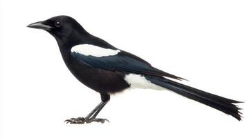 elegant black-billed magpie showcases its distinctive black-and-white feathers and impressive long tail, standing proudly on a clean white background, highlighting its beauty. photo