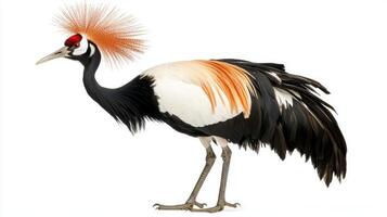 stunning crested crane stands tall, its vibrant feather crown radiating in all directions. This majestic bird displays elegance with its slender neck and rich plumage along a clean, white canvas. photo
