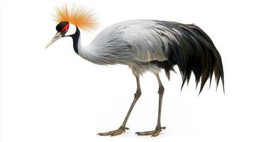 stunning crested crane stands tall, its slender neck and vibrant feather crown creating a striking contrast against the white background, exuding beauty and poise. photo