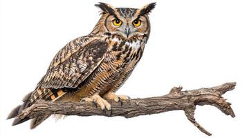 stunning Eurasian eagle-owl rests on a branch, showcasing its striking yellow eyes and prominent feathered tufts. The bright background highlights its regal presence. photo