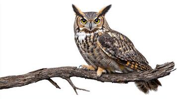 majestic great horned owl sits elegantly on a rustic branch, its striking eyes and distinctive feather tufts visible. A captivating display of wildlife's beauty. photo