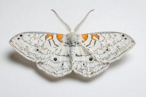 lace moth rests peacefully with its wings intricately folded along its back, revealing stunning patterns and hues, all set against a pristine white background. photo