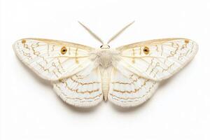 Resting quietly, a lace moth presents its beautifully patterned wings, adorned with striking details that highlight its delicate nature against a stark white background. photo