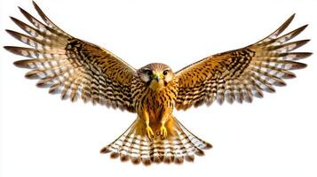 With wings fully extended, a lesser kestrel glides majestically, its vibrant plumage illuminated by the light. The bird exhibits effortless elegance as it navigates the air. photo