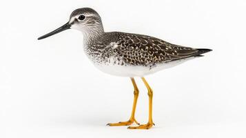 lesser yellowlegs stands poised in shallow water, highlighting its long legs and slender beak. The bird's intricate feather pattern contrasts beautifully with the serene environment. photo