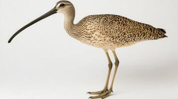 long-billed curlew wades through shallow water, its long, curved beak poised elegantly. The bird's speckled feathers contrast beautifully with the white backdrop. photo