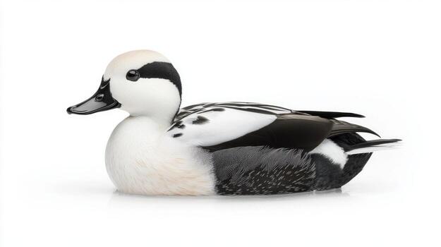 cola larga Pato pacíficamente flotadores en tranquilo agua, sus elegante blanco y negro plumas en pie fuera en sereno aislamiento, creando un cautivador visual contraste. foto