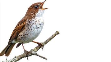 nightingale, with its beak wide open, fills the air with enchanting melodies while sitting gracefully on a branch, surrounded by a pure white backdrop. photo