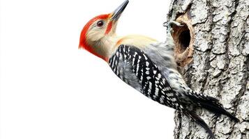 striking red-bellied woodpecker clings to the rough bark of a tree, its brilliant red crown standing out against the pure white backdrop. The bird exhibits its unique markings and behavior. photo