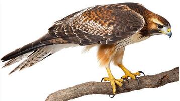 majestic red-tailed hawk perches on a branch, showcasing its sharp talons and striking plumage. The elegant bird stands out beautifully against the crisp white background. photo