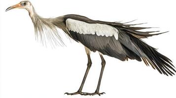 secretary bird is poised elegantly, with its long legs firmly planted. Its distinctive head feathers cascade down its neck, highlighting its unique appearance in a clear, bright setting. photo