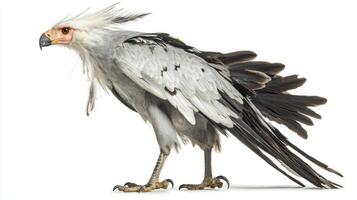 secretary bird, with its striking tall stance and distinctive feathered head, displays elegance against a clean white backdrop. Its long legs emphasize its grace. photo