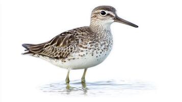 white-rumped sandpiper stands gracefully near the water's edge, its striking gray and white feathers glistening under soft light, embodying serenity in nature. photo