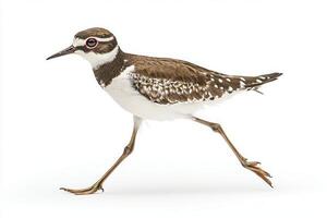 killdeer walks elegantly on the shore, its long legs in motion. The distinct brown-and-white plumage stands out in the serene setting, exuding natural beauty. photo