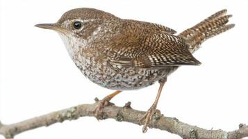 delightful wren sits on a branch, its small rounded body adorned with intricate feather patterns. The white background highlights its beauty, inviting admiration of this tiny bird. photo