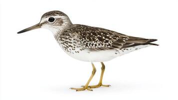 elegant sandpiper is poised near the water's edge, its long beak probing for food while its short legs support its delicate frame, creating a striking contrast with the white background. photo