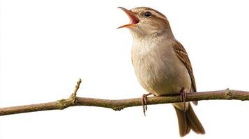 nightingale fills the air with melodious song, perched on a slender branch, completely isolated on a bright white background. Its beak is open wide, expressing pure joy. photo