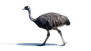 emu strides confidently across a flat surface, its distinctively large body and elongated legs highlighted against a clean white background, creating a striking visual contrast. photo
