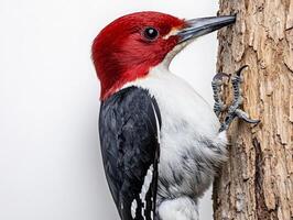 striking red-headed woodpecker perches on a tree trunk, its brilliant red cap standing out prominently as it engages in its natural behavior, surrounded by a minimalist white backdrop. photo