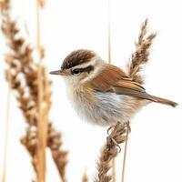 marsh wren, with its soft brown feathers and rounded body, stands gracefully on a reed, finely detailed against a clean white background, highlighting its unique charm. photo