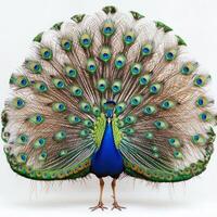 magnificent peacock proudly displays its radiant tail feathers, showcasing a mesmerizing array of vibrant colors and intricate patterns in a vivid close-up against a clean, white background. photo
