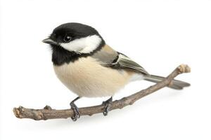 charming black-capped chickadee sits gracefully on a branch, its delicate plumage highlighted in a serene white setting, embodying the beauty of nature's small wonders. photo