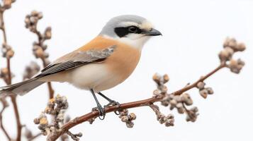 striking northern shrike is nestled on a slender branch, its distinctive hooked beak prominently displayed as it gazes intently, embodying the essence of avian grace. photo