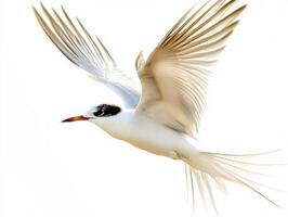 With its sleek body and elongated tail feathers, the common tern soars gracefully, showcasing its stunning wingspan and agile flight in a clear, uncluttered sky. photo