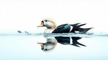 spectacled eider swims serenely in calm waters, showcasing its vibrant green-and-white feathers and distinctive large head against a bright white background. photo