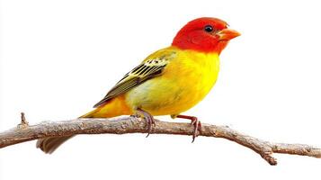 striking western tanager rests on a branch, its vivid red and yellow feathers shining brightly. This colorful bird adds a splash of joy to the otherwise plain surroundings. photo