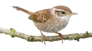 small wren sits gracefully on a branch, its rounded body and detailed feather patterns standing out against a crisp white background, creating an artistic representation of nature. photo