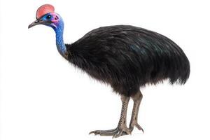 striking cassowary, with its vibrant blue neck and distinctive helmet, stands tall and proud. This extraordinary bird displays its unique features, highlighting its importance in nature. photo