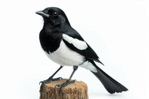 beautiful magpie robin rests on a wooden stump, flaunting its elegant black and white feathers. The contrasting colors create a stunning visual on a minimalistic white canvas. photo